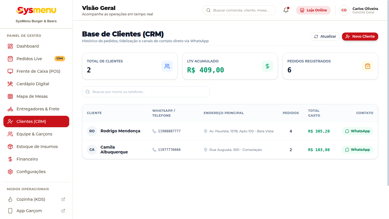 Print real da tela de clientes e fidelização SysMenu SaaS